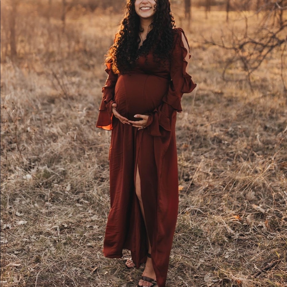 STORETS burnt orange ruffle sleeve long gown